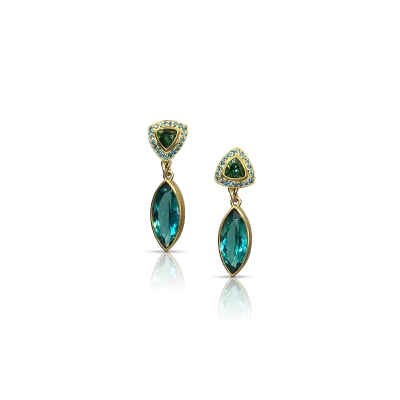 Custom Hoop Earrings-Teal Marquis Tourmaline with Blue Diamond & Green Tourmaline Post Drop Earring