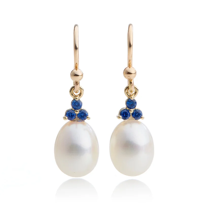 Trendy Earrings for Bridesmaids-Madison Drop Earrings in Pearls & Sapphires