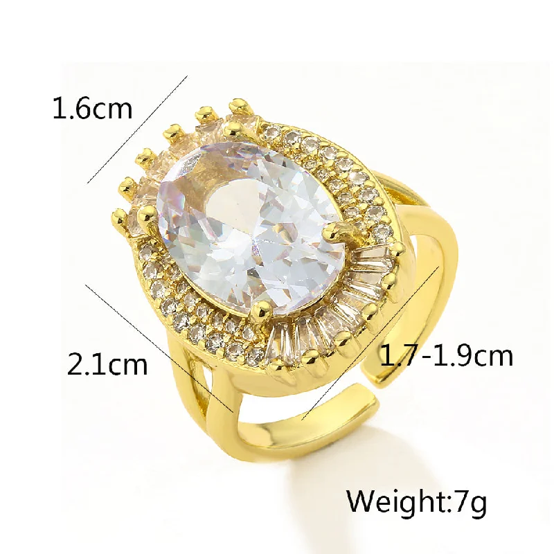 Simple Gold Wedding Band-Retro Luxurious Oval Copper Plating Inlay Zircon 18k Gold Plated Open Ring