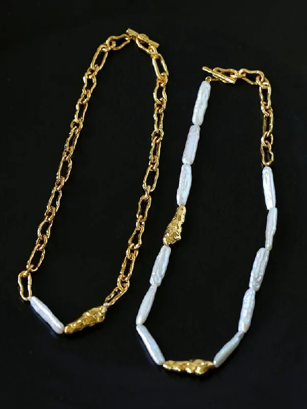 Golden Harmony Baroque Pearl Chain Collar Necklace