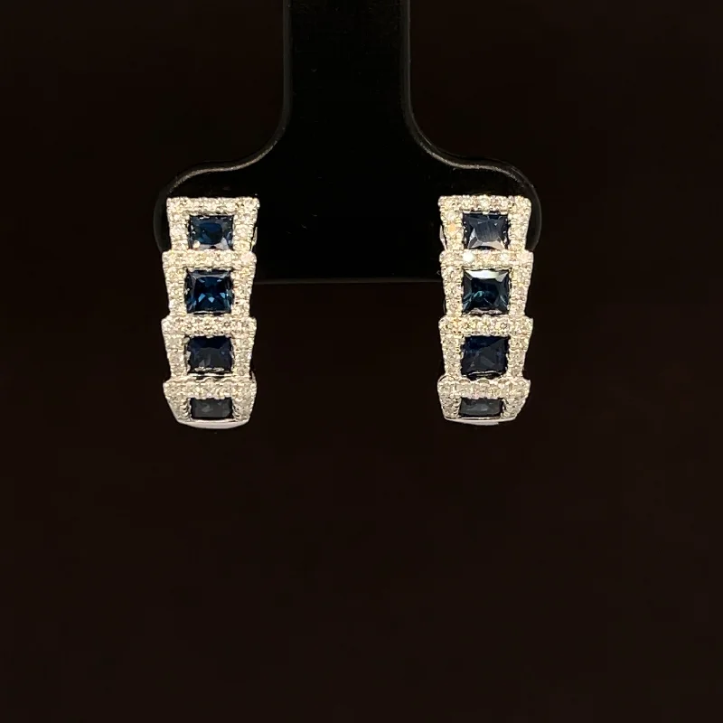 Rose Gold Earrings-Blue Sapphire & Diamond 1.78ctw Stacked Half Hoop Earrings in 18k White Gold - #389 - ERSAP093518