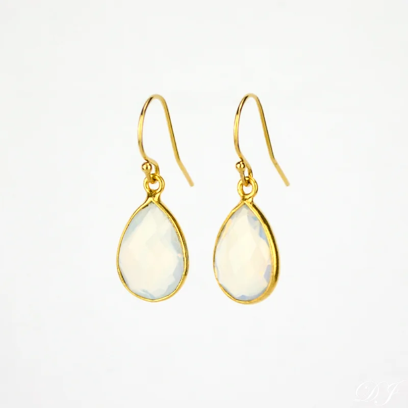 Fine Silver Earrings-Opalite Small Teardrop Bezel Set Earrings, October Birthstone