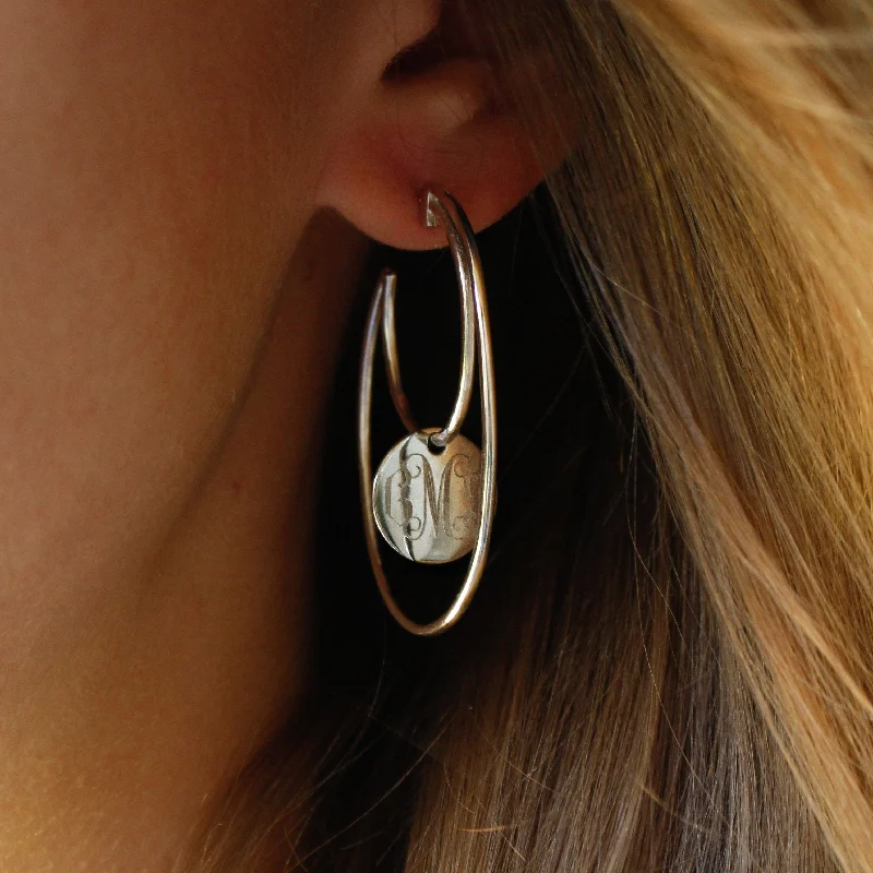 Modern Silver Earrings-Hoop Earrings with Monogram Charm in Silver, Gold or Rose Gold