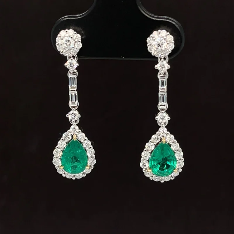 Birthstone Earrings for December-Emerald & Diamond Pear Halo Linear Dangle Earrings in 18k White Gold - #584 - EREME027724