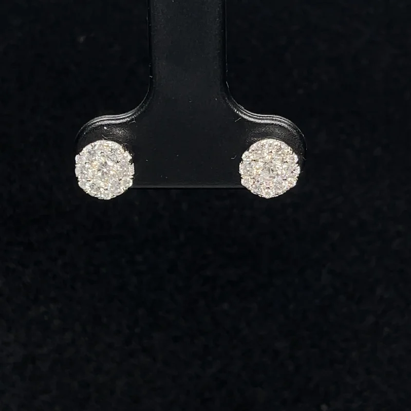 Handmade Dangle Earrings-Diamond Flat Circle Cluster 18k White Gold Stud Earrings in 18k White Gold - (#9-HEDIA002761)