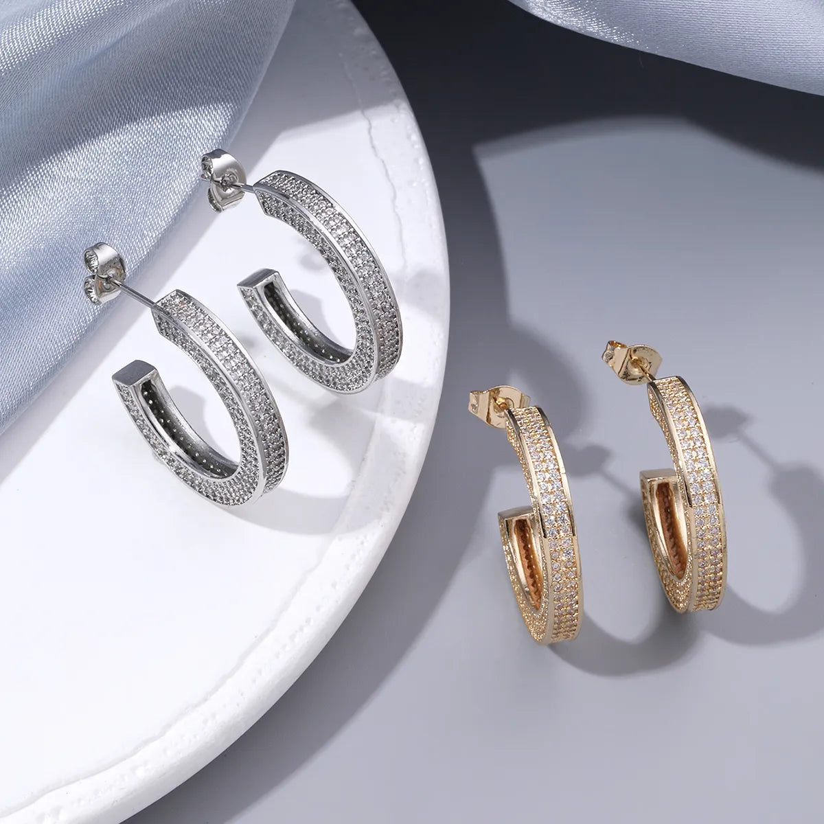 Diamond Hoop Earrings-1 Pair Hip-Hop Rock Simple Style C Shape Polishing Inlay Copper Zircon 18K Gold Plated Ear Studs