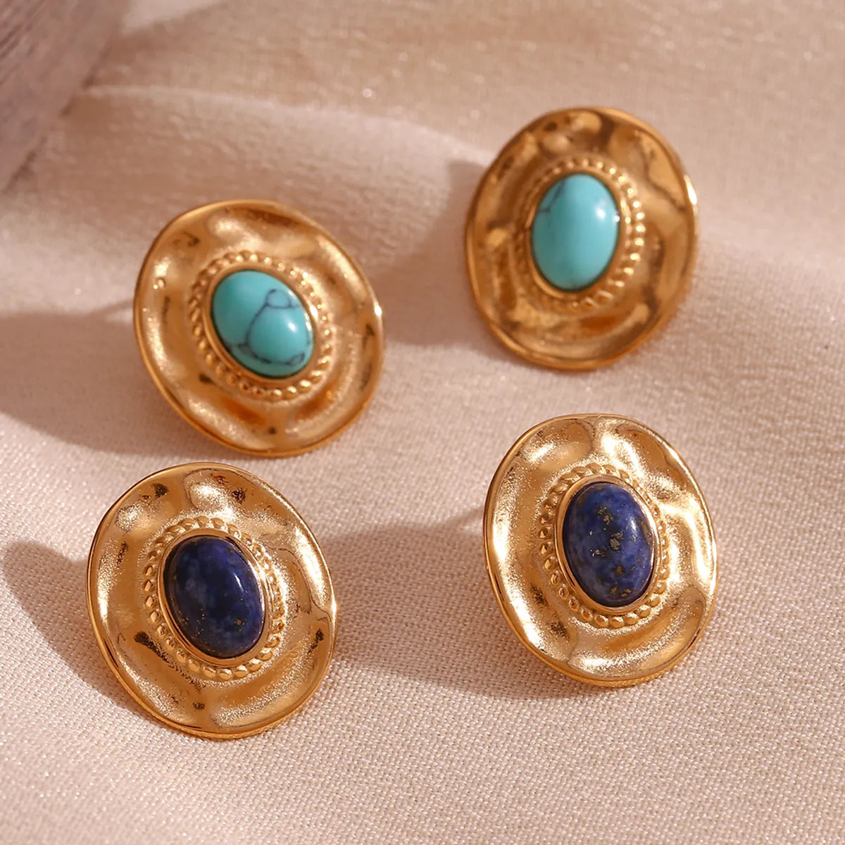 Wedding Earrings with Diamonds-1 Pair Vintage Style Oval Plating Inlay Stainless Steel Turquoise 18k Gold Plated Ear Studs