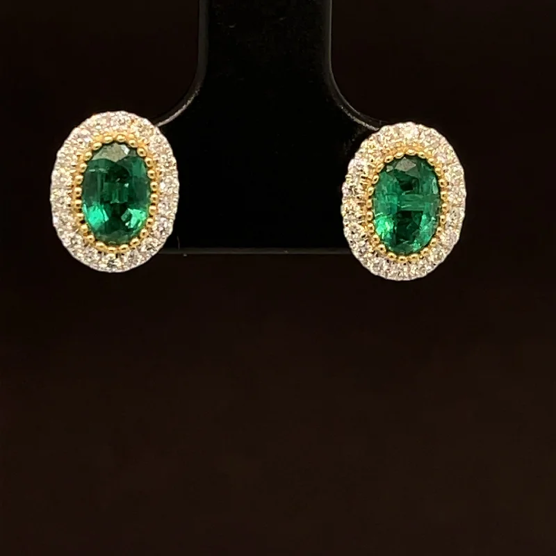 Geometric Earrings for Women-Emerald & Diamond 1.16cw Oval Milgrain Stud Earrings in 18k Two-Tone Gold - #396 - EREME027814