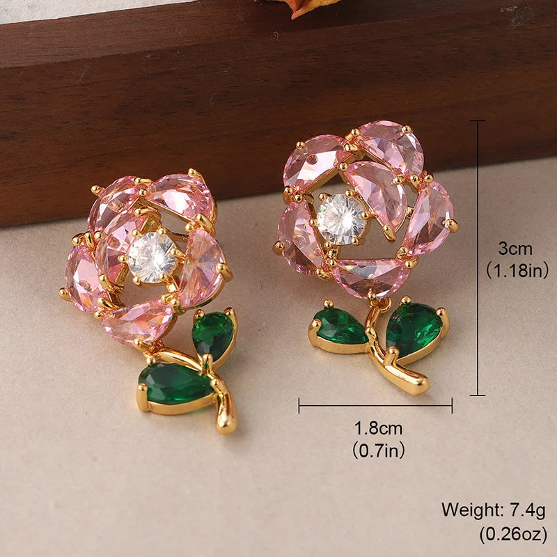 Crystal Earrings for Women-1 Pair Sweet Rose Plating Inlay Copper Zircon 18k Gold Plated Ear Studs