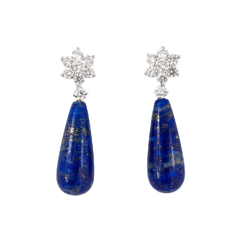 Custom Diamond Earrings-Diamond Cluster & Lapis Teardrop Dangle Earrings