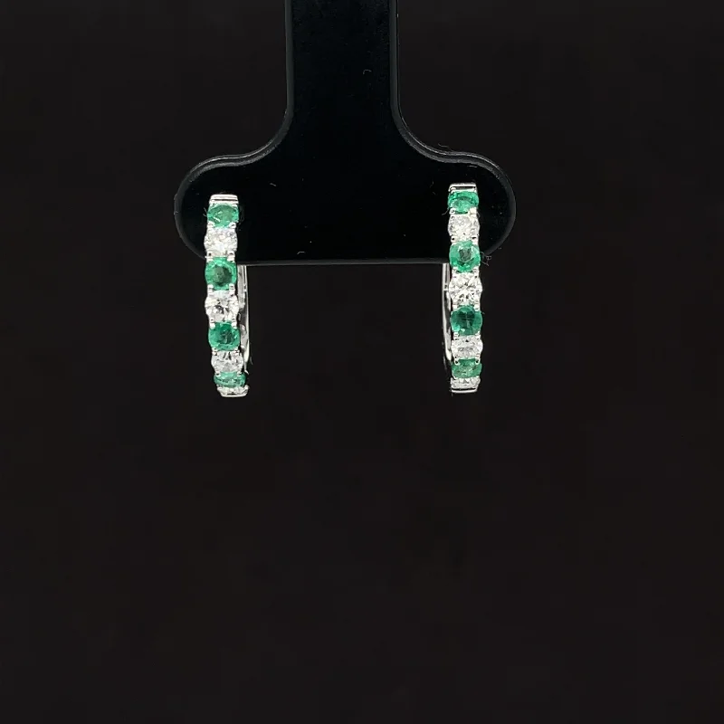 Modern Silver Earrings-Emerald & Diamond Hoop Earrings in 18k White Gold - (#198 - HEEME000235)