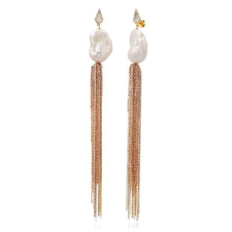 Trendy Silver Earrings-White Pearl Tassel Drops