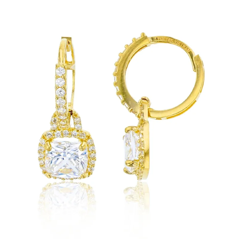 Sparkling Gold Earrings-14KT Yellow Gold 6MM Cushion Cubic Zirconia Drop & Dangle Huggie Earrings