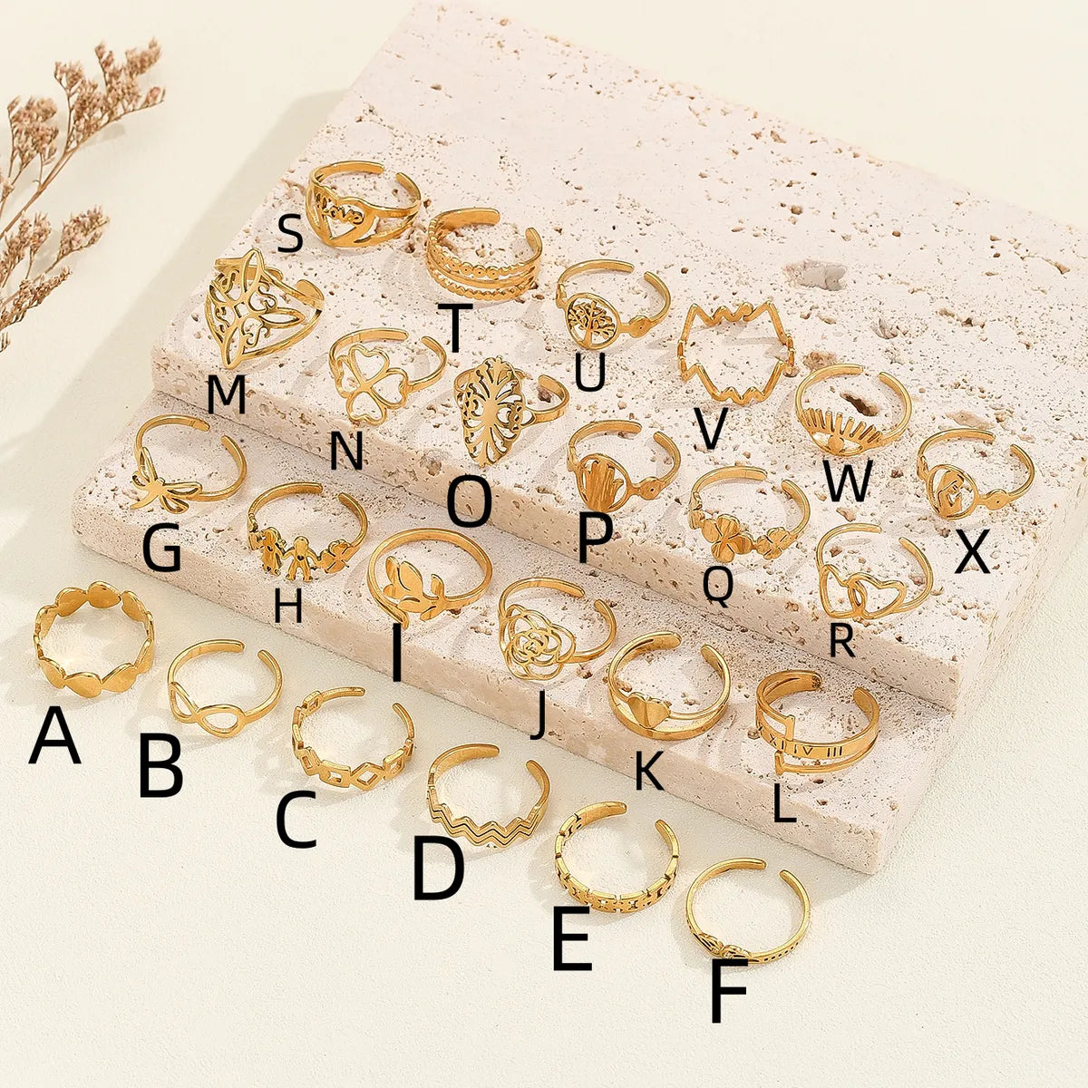 Unique Gemstone Ring for Women-Elegant Lady Letter Flower Stainless Steel Plating 18k Gold Plated Open Rings