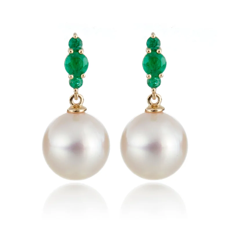 Fashion Earrings for Wedding Day-Orion Earrings in White Akoya Pearls & Emeralds