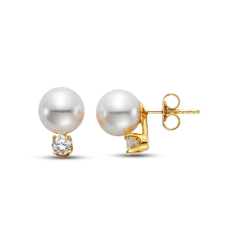 Modern Silver Earrings-White Akoya Pearl & Diamond Earrings