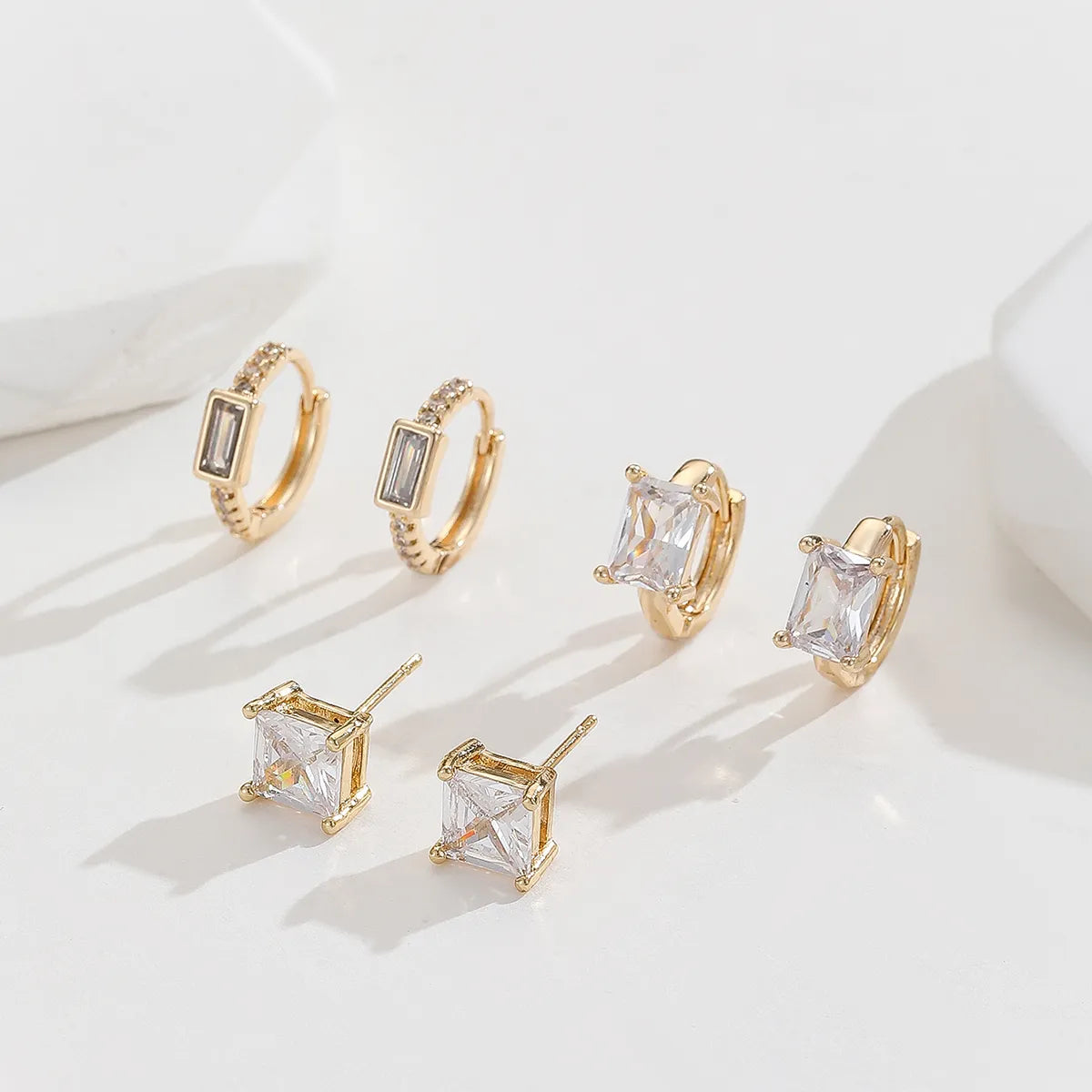 Bridal Earrings with Pearls-3 Pairs Simple Style Square Plating Inlay Copper Zircon Gold Plated Ear Studs