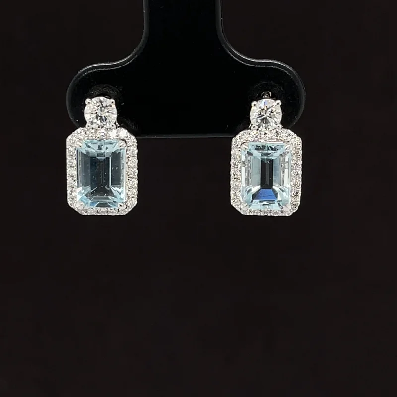 Designer Diamond Earrings-Aquamarine & Diamond 2.19ctw Emerald Cut Drop Earrings in 18k White Gold - #281 - ERAQU006120