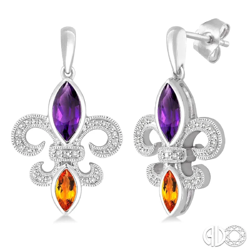 Hoop Earrings with Gemstones-Silver Fleur De Lis Gemstone & Diamond Earrings, LSU Earrings