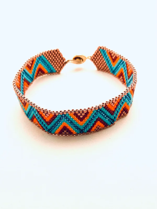 Elegant Gold Charm Bracelet-Beaded Chevron Bracelet, Blue, Dark Blue, Copper