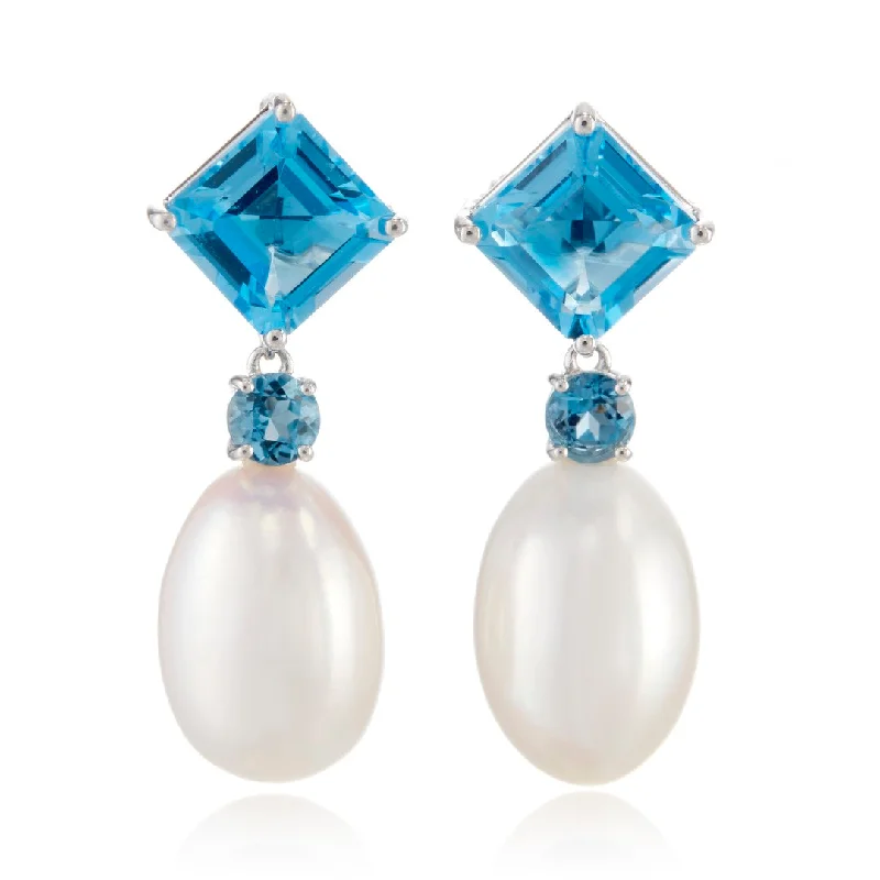 Unique Wedding Earrings-Carmel Drop Earrings in Blue Topaz & Pearls