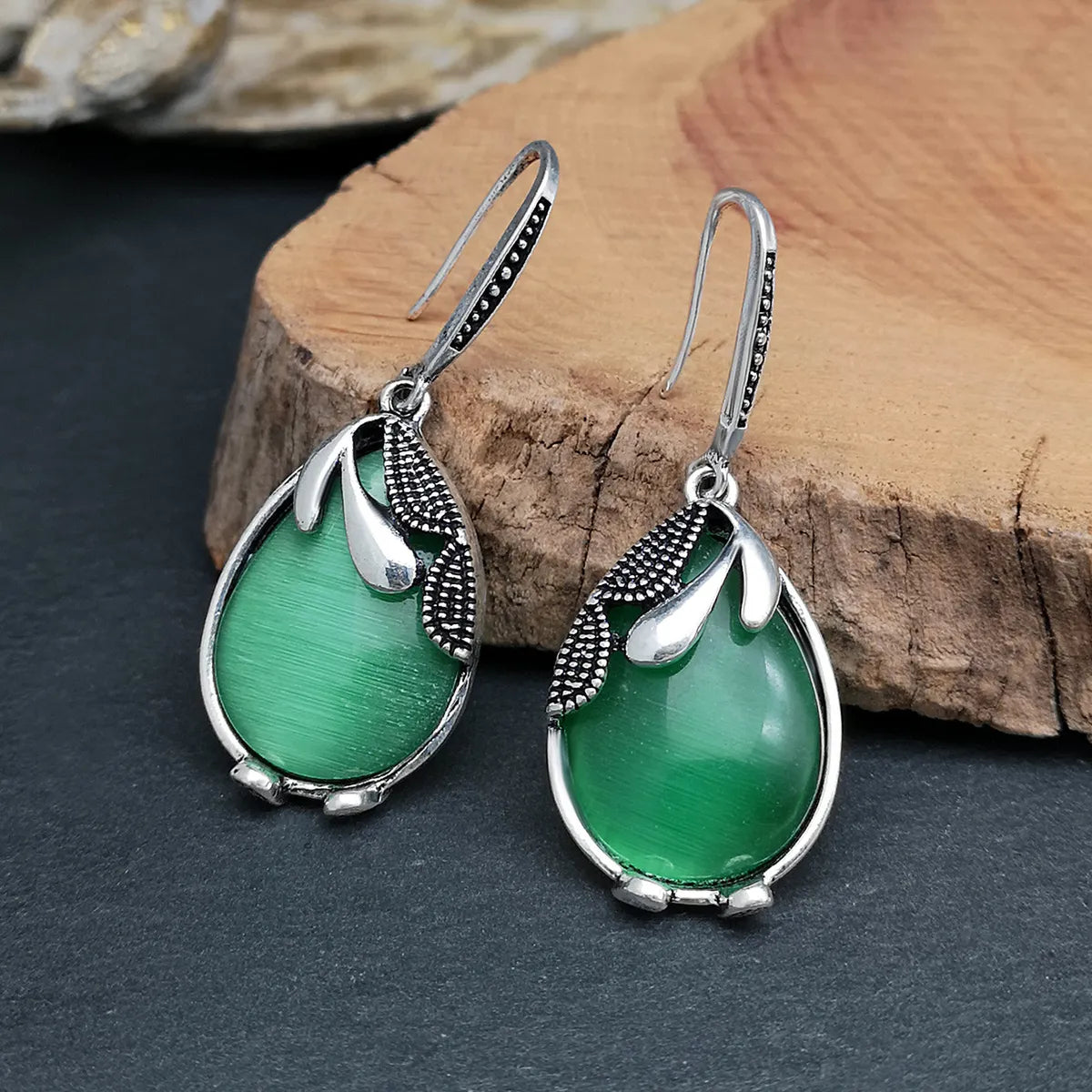 Trendy Silver Earrings-Retro Creative Emerald Green Cat Eye Natural Stone Earring Ear Hook Female