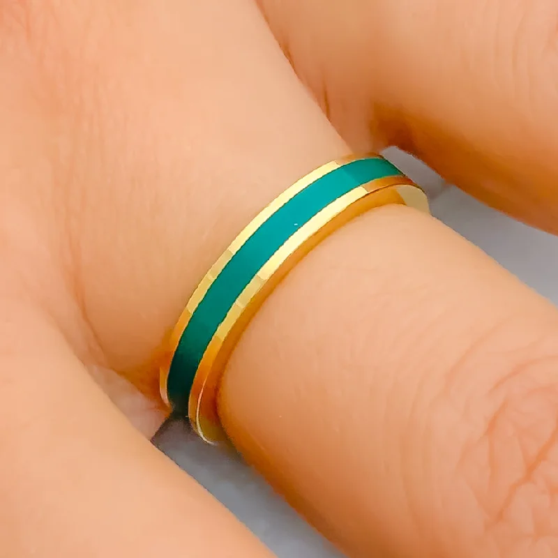 Classic Silver Wedding Ring-Deep Viridian Green 22k Gold Enamel Band