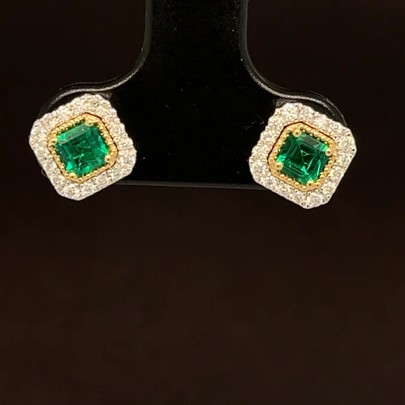 Classic Stud Earrings-Emerald & Diamond 0.56ctw Cushion Milgrain Earrings in 18K Two-Tone Gold - #394 - EREME027754