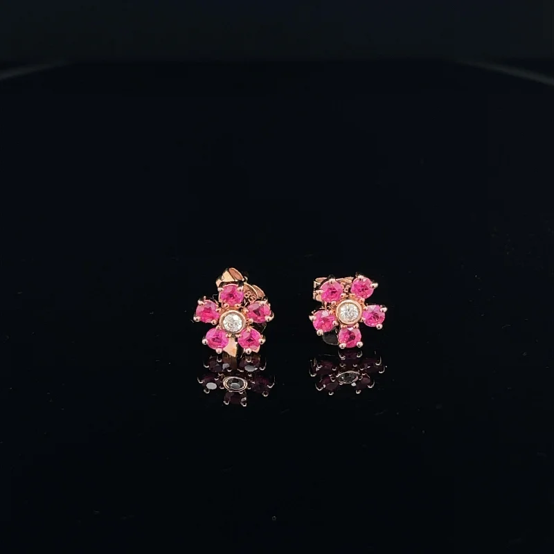 Unique Design Earrings-Diamond & Ruby Flower Bouquet Stud Earrings in 14k Rose Gold - #174 KVE00105RU - 004