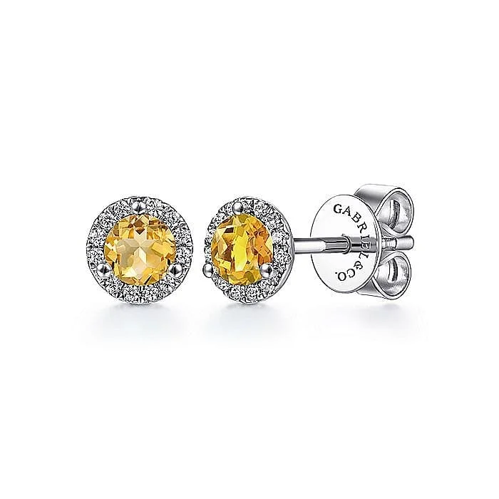 Lightweight Hoop Earrings-14K White Gold Citrine and Diamond Halo Stud Earrings