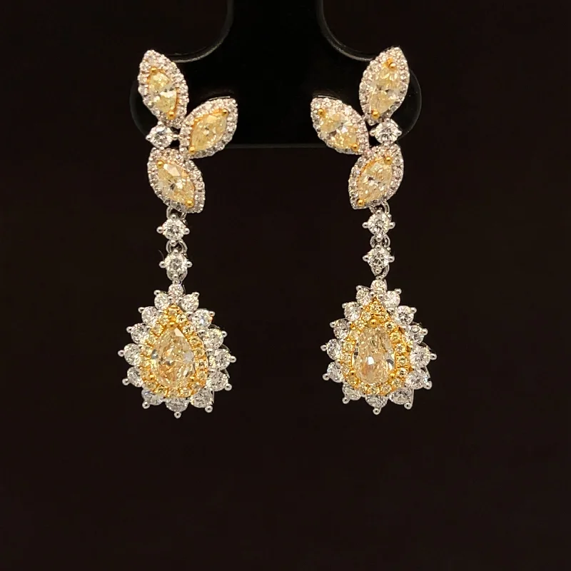 Dangle Earrings with Gems-Fancy Yellow & White Diamond 2.55ctw Raindrop Linear Dangle Earrings in 18k Two- Tone Gold - #383 - ERDIA353606