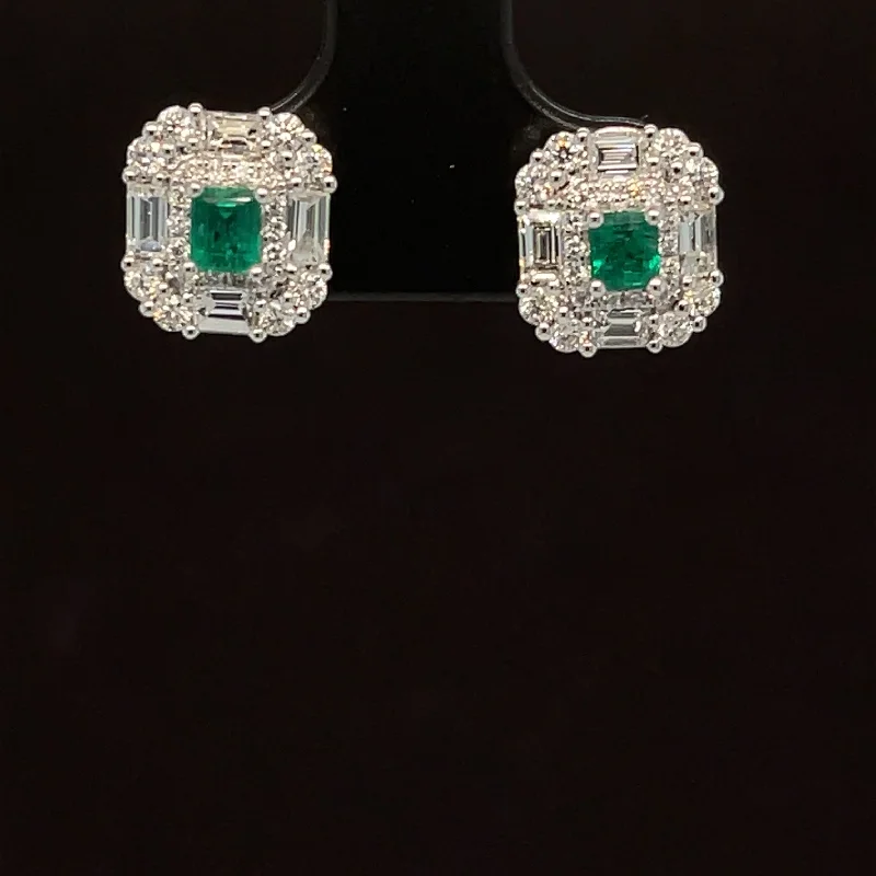 Colorful Drop Earrings-Emerald & Diamond Halo Cluster Art Deco Stud Earrings in 18k White Gold - #581 -EREME027874