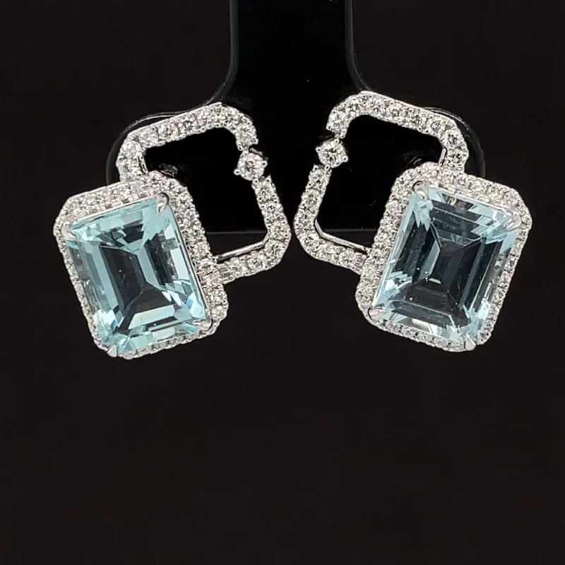 Simple Hoop Earrings-Aquamarine & Diamond 4.83ctw Emerald Cut Double Halo Earrings in 18k White Gold - #283 - ERAQU006162