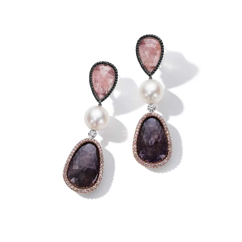 Luxury Wedding Earrings-Pearl Diamond & Sapphire Slice 3-Drop Earring