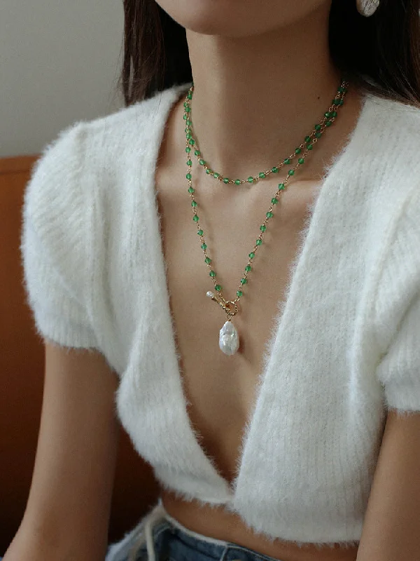 Green Onyx Baroque Pearl Necklace Multilayer Long Sweater Chain