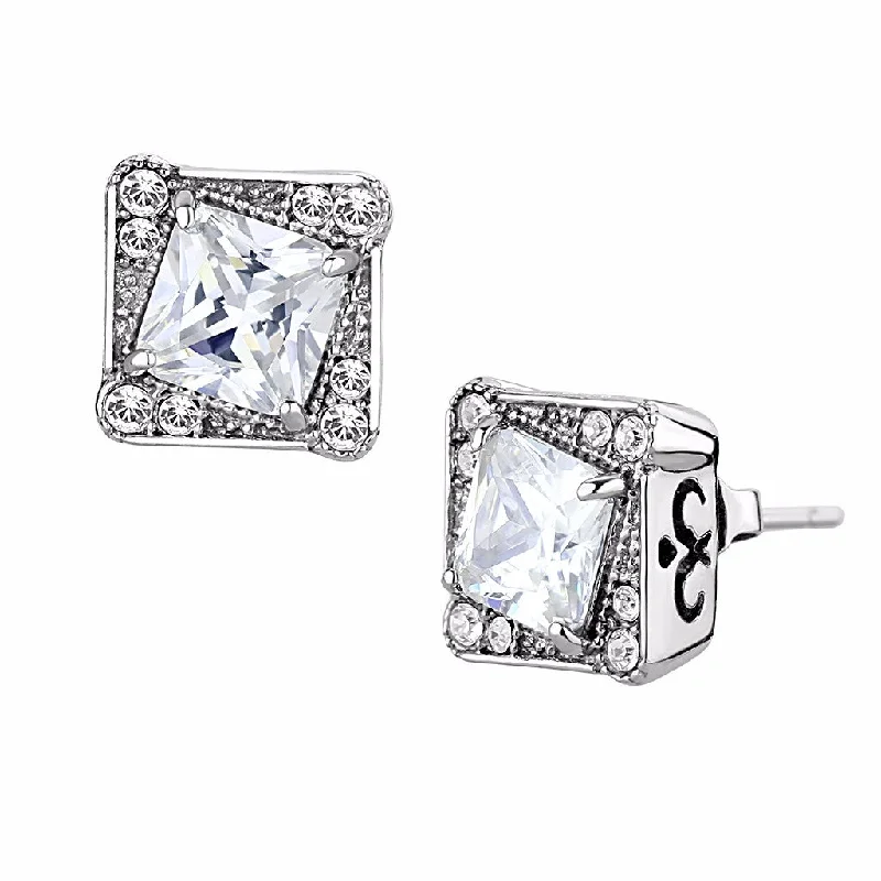 Chic Pearl Earrings-6x6mm Princess Cut Clear CZ center surrounded by Top Grade Crystal Stainless Steel Earrings