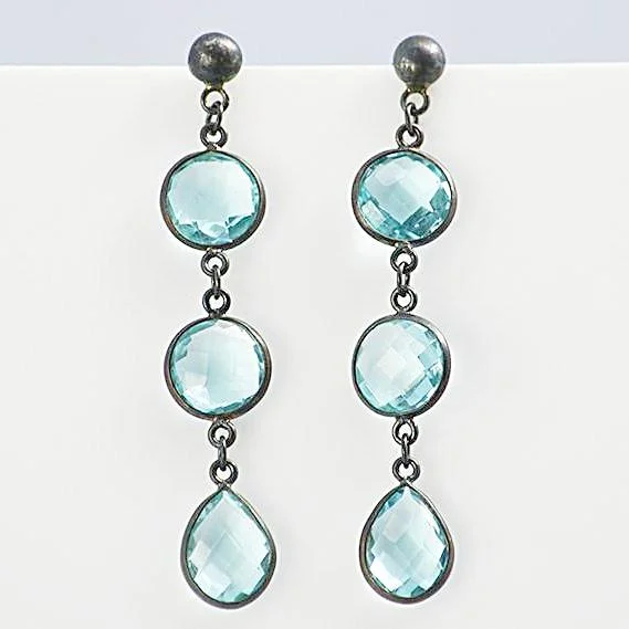 Vintage Dangle Earrings-Blue Topaz Triple drop Bezel Set Stud Earrings - December Birthstone