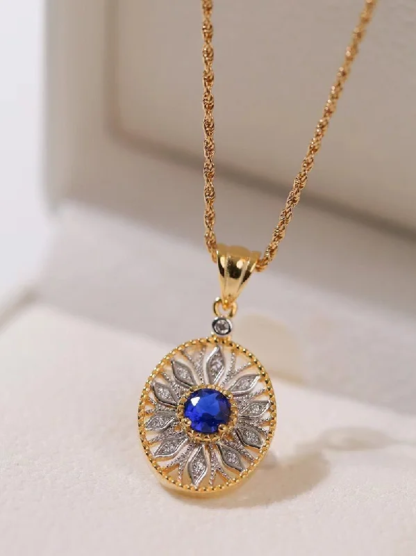 Oval Hollow Silver Petal Wrapped Sapphire Pendant Necklace