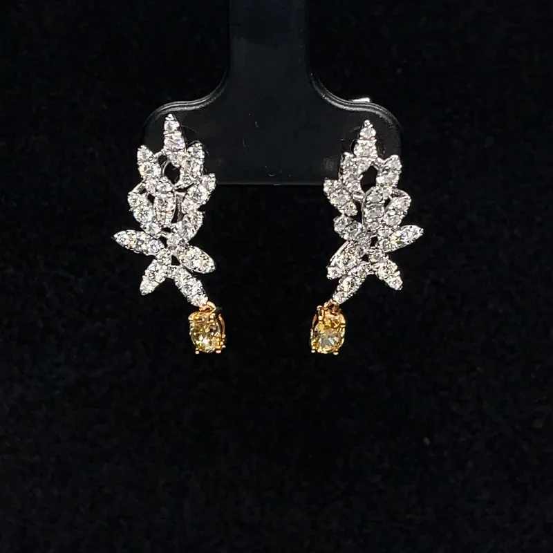 Stylish Hoop Earrings-Fancy Yellow & White Diamond Cascade Formal Earrings in 18k White Gold - (#76-ERDIA 285739)