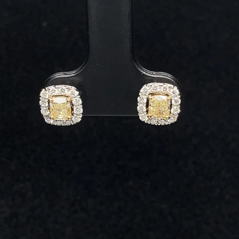 Stylish Dangle Earrings-Fancy Yellow & White Diamond Cushion Stud Earrings w. Removable Halo Jackets in 18k - (#128-JEO185GR-01) Two Tone Gold