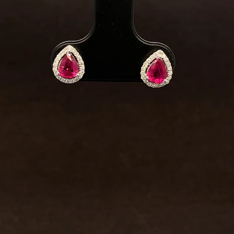 Vintage Silver Earrings-Ruby & Diamond Pear Halo Cluster Stud Earrings in 18k White Gold - #505 - ERRUB042620