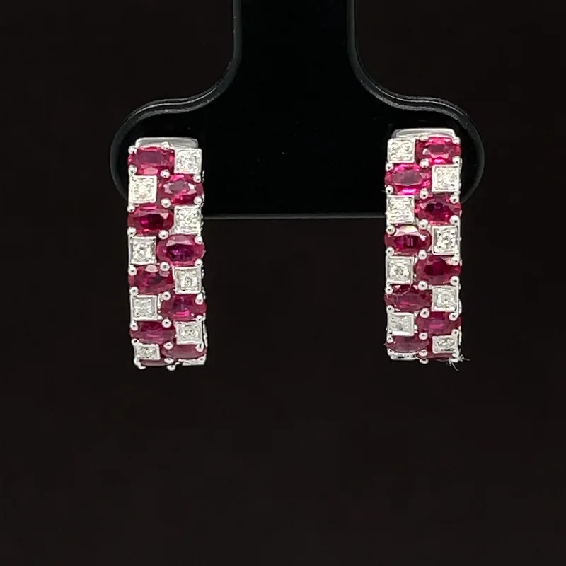 Silver Dangle Earrings-Ruby & Diamond 1.59ctw Checkerboard U-Shaped Hoop Earrings in 18k White Gold - #331 - ERRUB042386