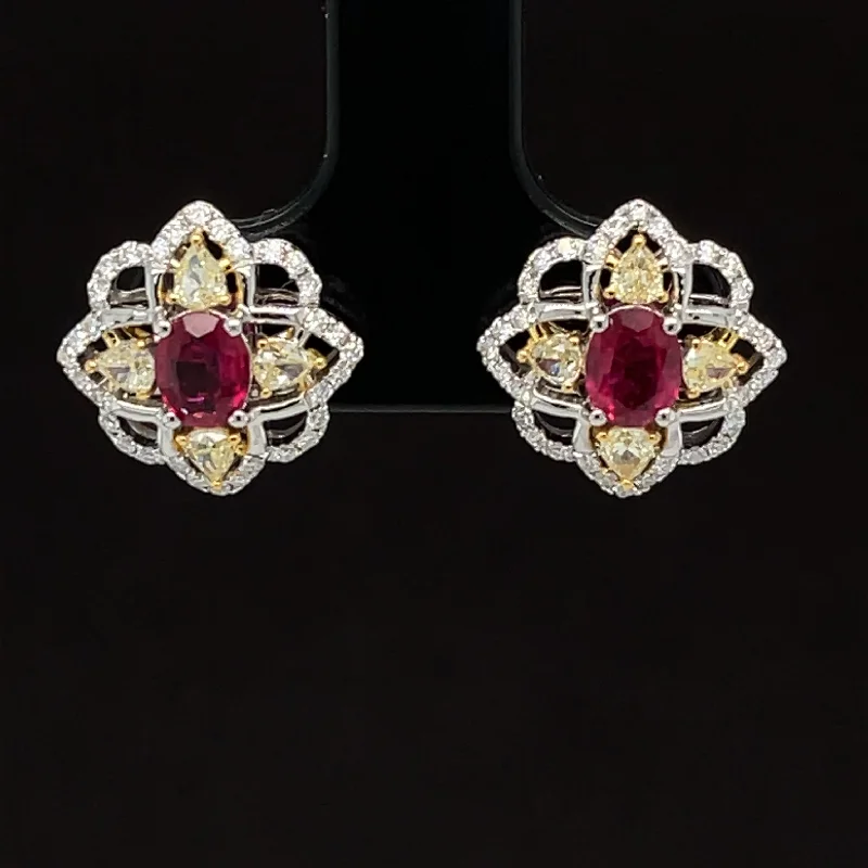 Round Diamond Earrings-Ruby, Yellow & White Diamond 1.36ctw Flower Mandala Earrings in 18k White Gold - #332 - ERRUB042668