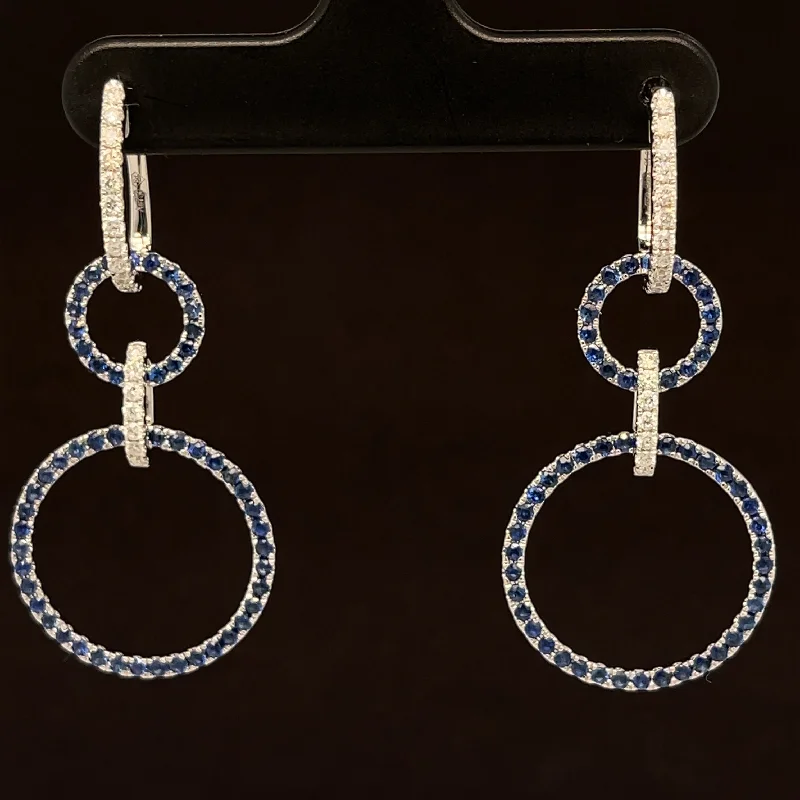 Custom Birthstone Earrings-Blue Sapphire & Diamond 1.69ctw Double Circle Drop Earrings in 18k White Gold - #387 - ERSAP093902