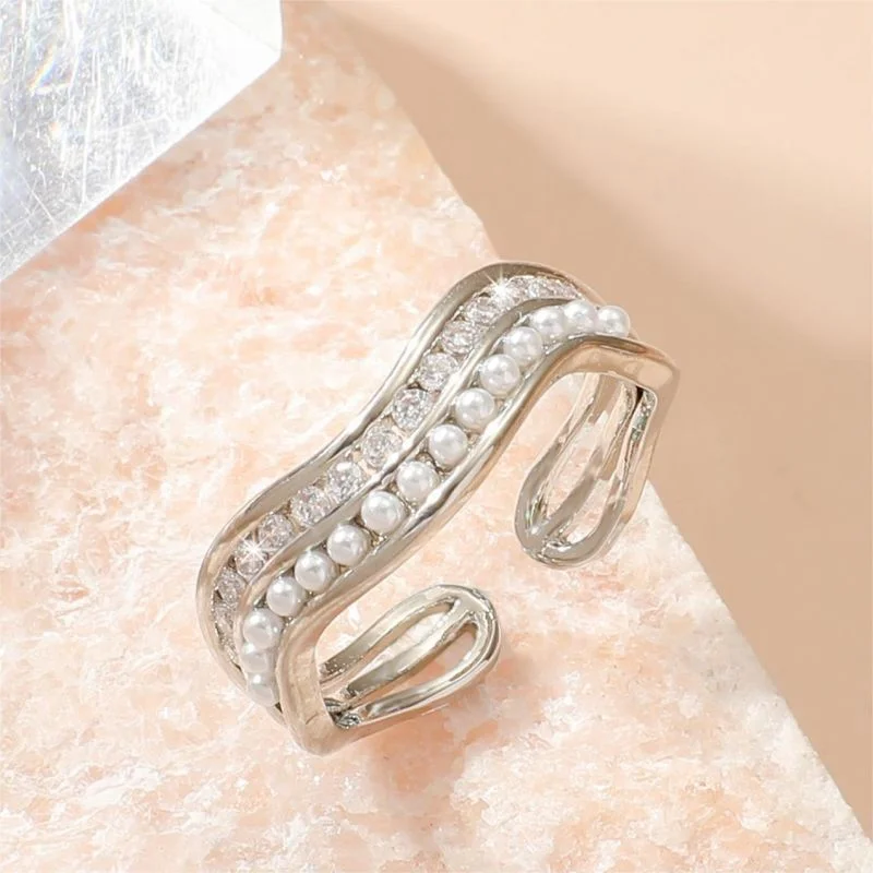 Promise Ring with Diamond-Wholesale Elegant Simple Style Geometric Copper Inlay 18K Gold Plated Pearl Zircon Open Rings