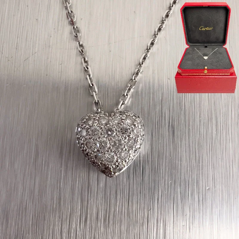 Cartier 18k White Gold Diamond Pave 10mm Heart Pendant Necklace 16" BOX & CERT