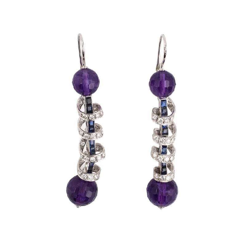 Handmade Earrings for Weddings-Amethyst, Diamond & Sapphire Barber Pole Dangle Earrings