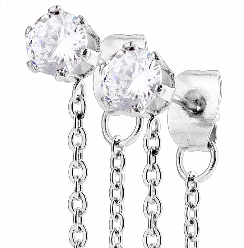 Custom Hoop Earrings-Pair of Chain Drops Prong Set Clear CZ 316 Stainless Steel Ear Stud Rings