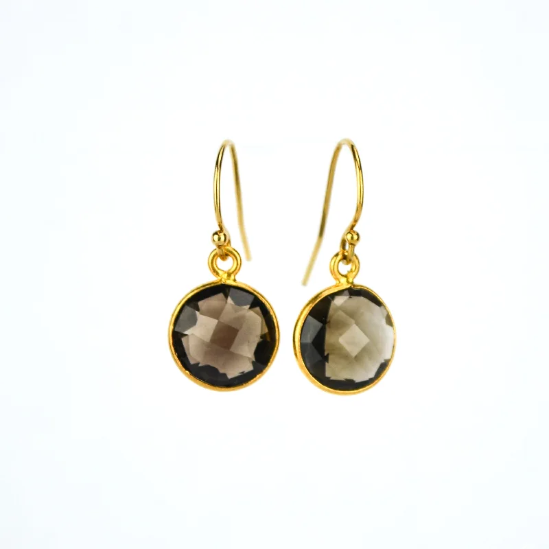 Simple Hoop Earrings-Smoky Quartz round bezel set Earrings