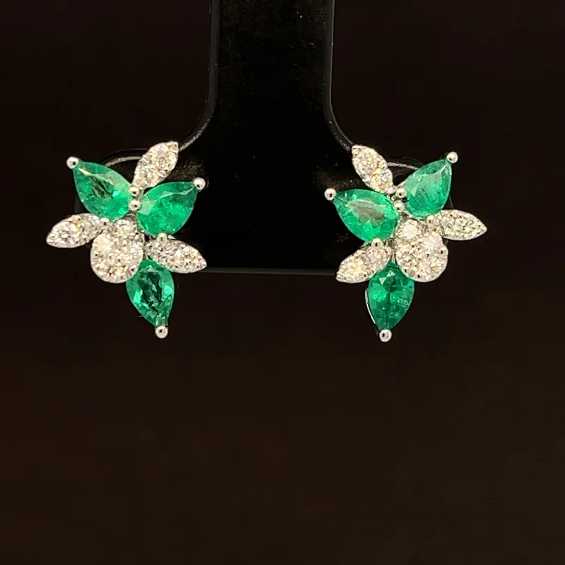 Small Stud Earrings for Women-Emerald & Diamond 1.21ctw Formal Garden Cluster Earrings in 18k Two-Tone Gold - #395 - EREME027712-